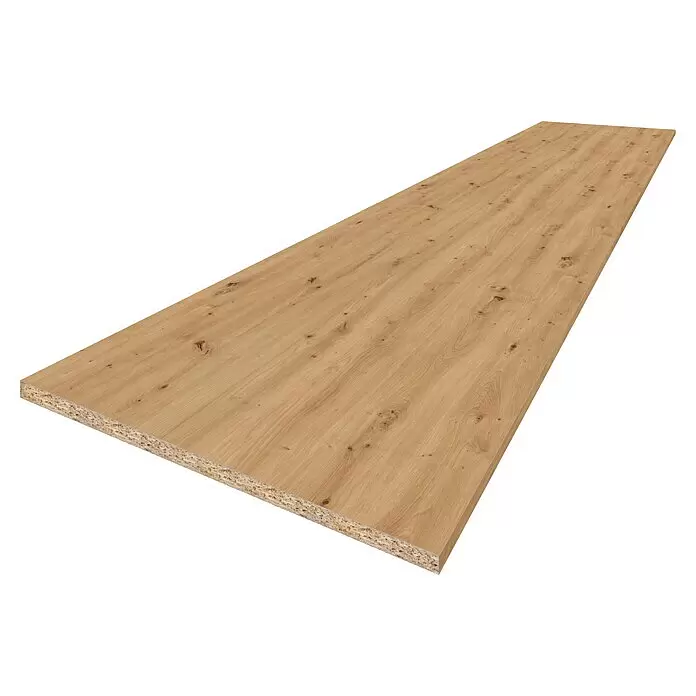 CUCINE Küchenarbeitsplatte nach Maß - Artisan Eiche, Stärke: 3,8 cm, Breite: 90 cm - Hellbraune Spanplatte mit Holzmaserung und sichtbarem Pressspan-Kern.