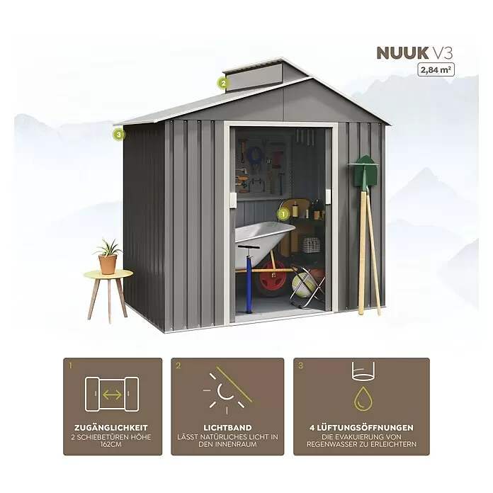 Hoggar Gerätehaus Nuuk - Außenmaß inkl. Dachüberstand (B x T): 220 x 129 cm, Stahl, Grün, Grundfläche: 2,84 m² - Graues Gartenhaus aus Wellblech mit Schiebetüren, lichtdurchlässigem Band und Lüftungsöffnungen.