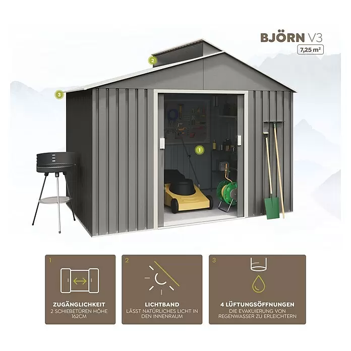 Hoggar Gerätehaus Björn - Außenmaß inkl. Dachüberstand (B x T): 282 x 257 cm, Anthrazit, Grundfläche: 7,25 m² - Grauer Metallgartenhaus 'BJÖRN V3' (7,25m²) mit breiten Schiebetüren, Lichtband und Lüftungsöffnungen, ideal zur Aufbewahrung von Gartengeräten.