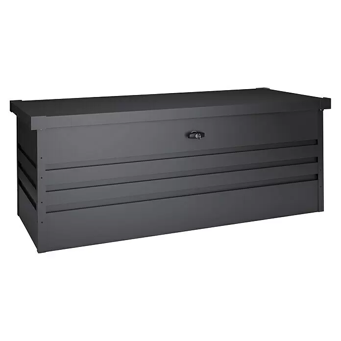 Hoggar Auflagenbox Sveg - 165 x 70 x 62 cm, Metall, Anthrazit - Dunkelgraue rechteckige Aufbewahrungsbox mit Schloss und horizontalen Lamellen.