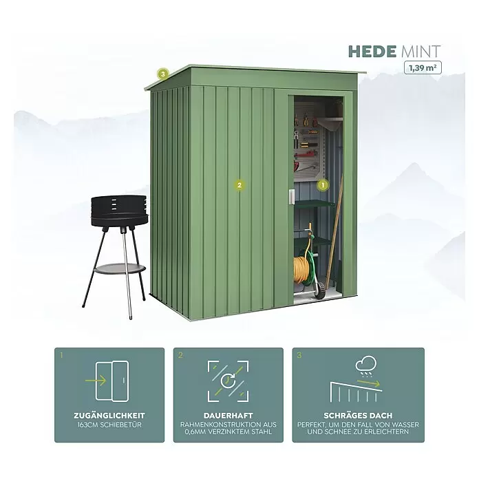 Hoggar Geräteschrank Hede - Außenmaß inkl. Dachüberstand (B x T): 162 x 86 cm, Grün, Stahl, 1,39 m² - Ein grüner Geräteschuppen HEDE MINT aus Metall mit Schiebetür und schrägem Dach, innen mit Gartenwerkzeugen und außen mit Grill.