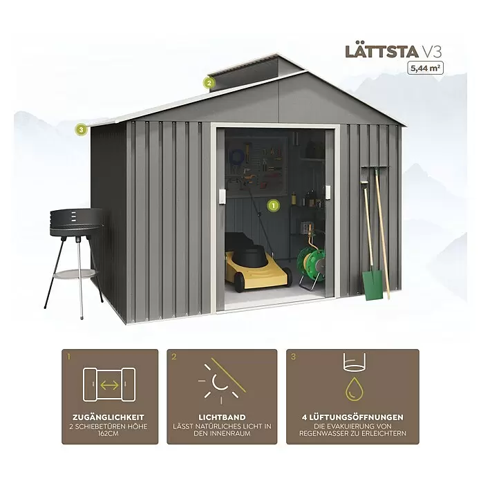 Hoggar Gerätehaus Lättsta - Außenmaß inkl. Dachüberstand (B x T): 282 x 192 cm, Anthrazit, Grundfläche: 5,44 m² - Graues Metallgerätehaus mit zwei Schiebetüren, Dachlichtband und vier Lüftungsöffnungen für Gartengeräte und -ausrüstung.