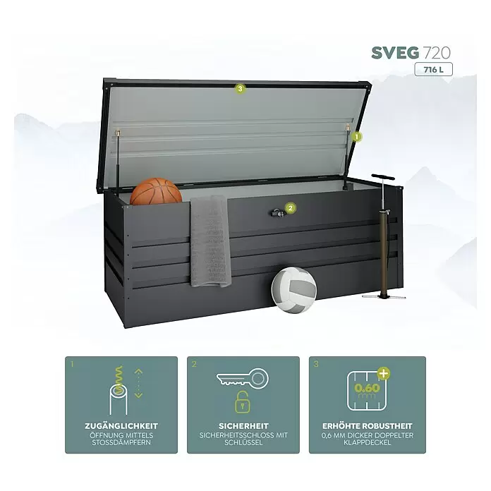 Hoggar Garten-Aufbewahrungsbox Sveg - L x B x H: 165 x 70 x 62 cm, Anthrazit - Dunkelgraue SVEG 720 Outdoor-Aufbewahrungsbox (716L) mit offenem Deckel, Gasdruckfedern und Sicherheitsschloss, zeigt robusten 0,6mm Doppeldeckel.