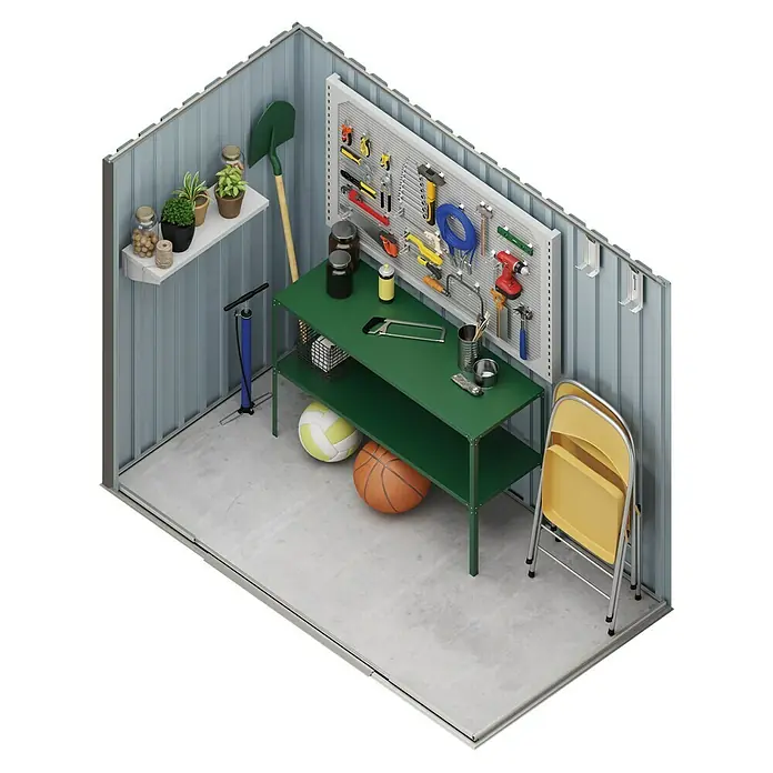 Hoggar Gerätehaus Nuuk - Außenmaß inkl. Dachüberstand (B x T): 220 x 129 cm, Stahl, Grün, Grundfläche: 2,84 m² - Ein gut organisierter Geräteschuppen mit Werkbank, Werkzeugwand und Regalen bietet Stauraum für Werkzeuge, Bälle und Klappstühle.