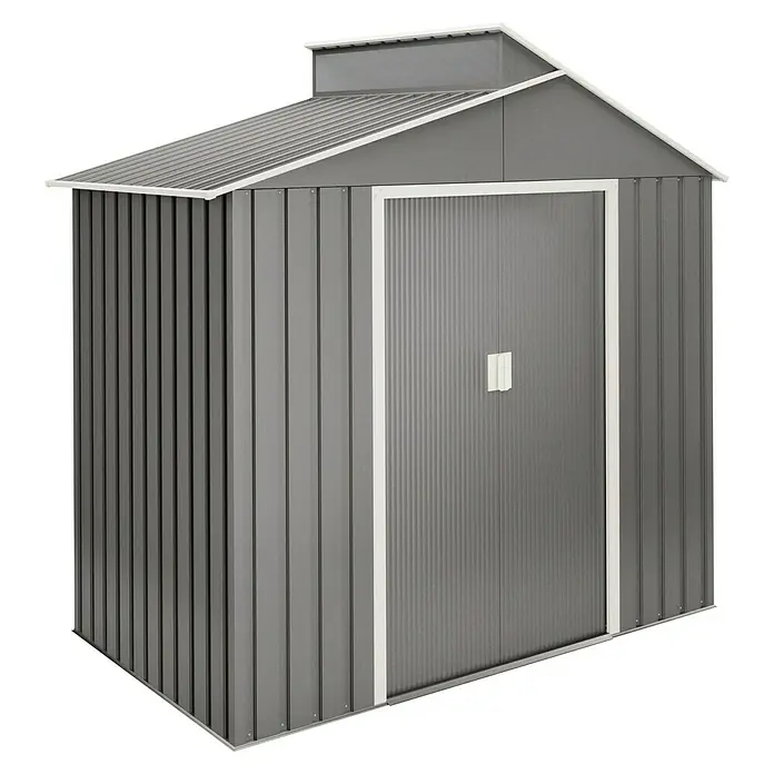 Hoggar Gerätehaus Nuuk - Außenmaß inkl. Dachüberstand (B x T): 220 x 129 cm, Stahl, Grün, Grundfläche: 2,84 m² - Graues Metallgartenhaus mit Doppeltür und Satteldach mit weißem Rand für den Außenbereich zur Aufbewahrung von Gartengeräten.