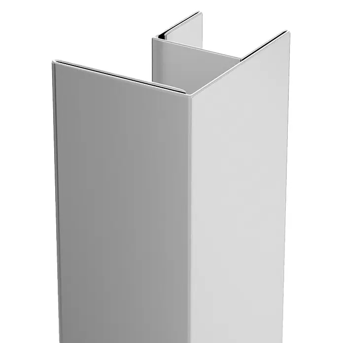 GME Perfil de unión en L - Aluminio, Plata brillo - Primer plano de un perfil de esquina plateado, que ofrece una solución moderna y elegante para acabados de paredes y protección de cantos.