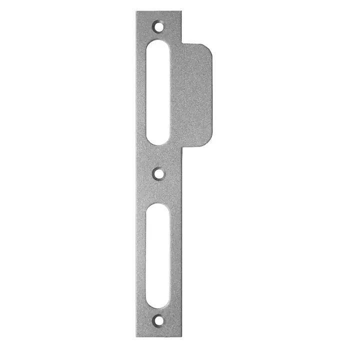 Stabilit Lappenschließblech - DIN-L, L x B: 170 x 24 mm, Zimmertür - Metall-Schließblech für Türschlösser. Das Schließblech ist aus robustem Metall gefertigt und hat längliche Aussparungen.