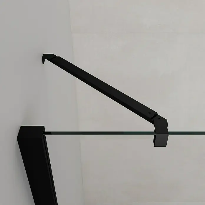 Rodamiento para mampara de ducha diagonal Glass - Aluminio, Negro - Primer plano de una cabina de ducha con soporte negro y pared de vidrio.