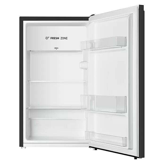 PKM Vollraumkühlschrank KS93 - Nutzinhalt Gesamt: 94 l, 45 x 47,5 x 84 cm, Schwarz - Geöffneter Kühlschrank mit leerem weißen Innenraum, Regalböden, einem „Fresh Zone“ Gemüsefach und „Open“-Beschriftung. Schwarzer Rahmen.