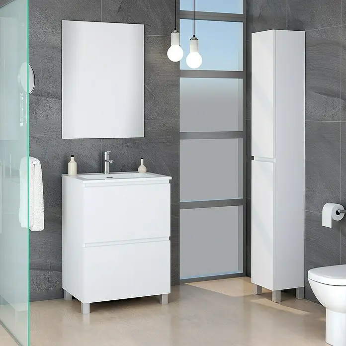 Artysan Conjunto de mueble de baño Late - Ancho: 60 cm, Blanco, 3 pzs. - Interior de baño moderno con un elegante mueble de lavabo blanco con cajones, espejo y armario alto.