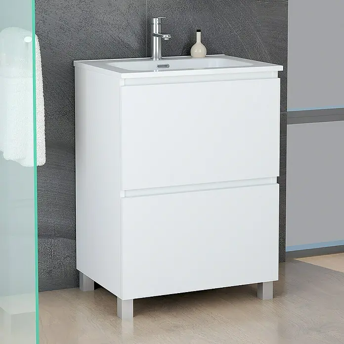Artysan Conjunto de mueble de baño Late - Ancho: 60 cm, Blanco, 3 pzs. - Primer plano de un tocador de baño blanco con lavabo, grifo y diseño minimalista sobre una pared oscura.