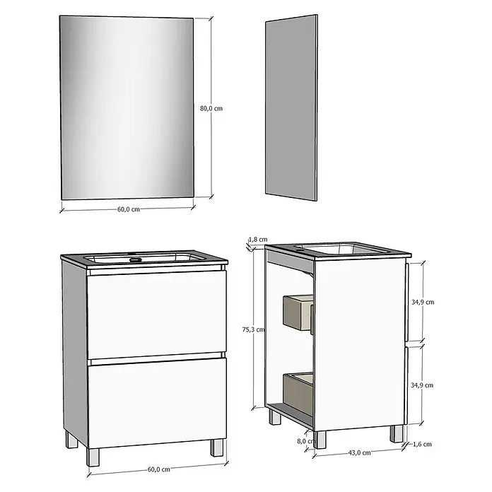 Artysan Conjunto de mueble de baño Late - Ancho: 60 cm, Blanco, 3 pzs. - La imagen presenta un dibujo detallado de un mueble de baño con lavabo y espejo, incluyendo todas las dimensiones para un montaje fácil.