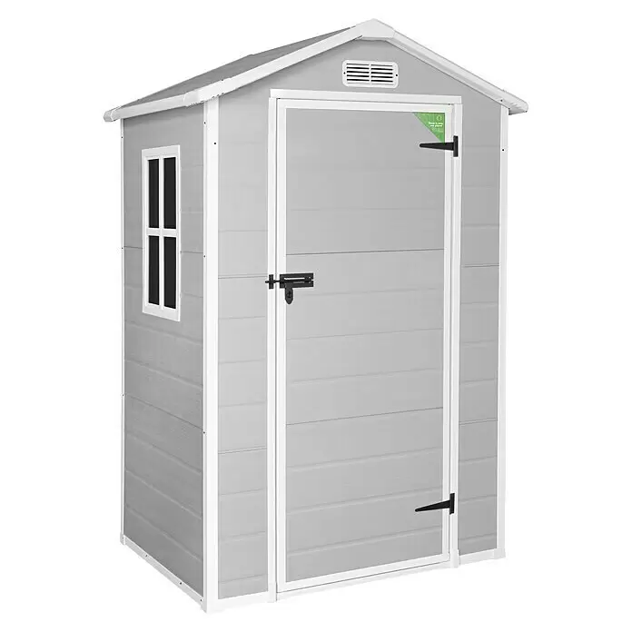The Space Plus Gerätehaus One 1.36 - Außenmaß inkl. Dachüberstand (B x T): 134 x 103 cm, Kunststoff, Grundfläche: 1,37 m² - Hellgraues Gartenhaus mit weißer Verkleidung und schwarzen Beschlägen. Tür, Fenster und Belüftung vorhanden.