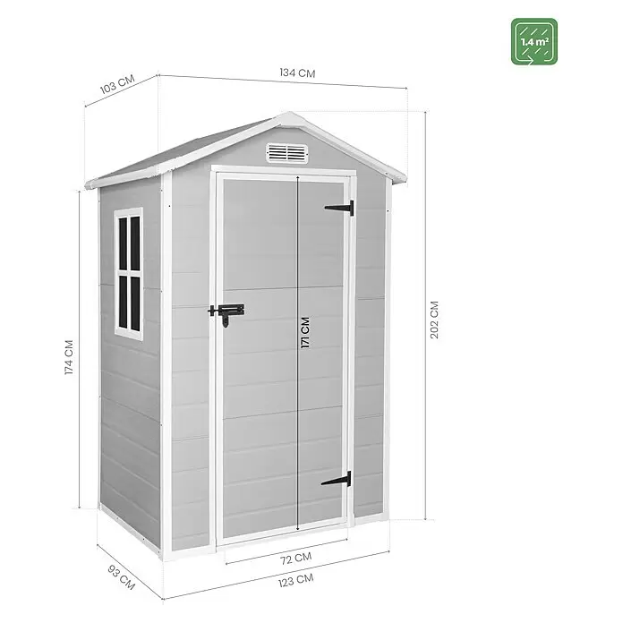 The Space Plus Gerätehaus One 1.36 - Außenmaß inkl. Dachüberstand (B x T): 134 x 103 cm, Kunststoff, Grundfläche: 1,37 m² - Grauer Geräteschuppen mit weißem Rand, Einzeltür, Fenster und Belüftung, mit Maßen (ca. 123x93x202 cm) und 1,4 m² Fläche.
