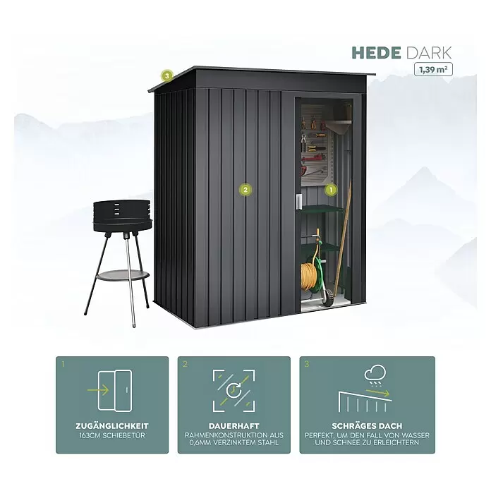 Hoggar Geräteschrank Hede - Außenmaß inkl. Dachüberstand (B x T): 162 x 86 cm, Anthrazit, Stahl, 1,39 m² - Dunkelgraues Gartenhaus mit Schiebetür, innen mit Werkzeugen und Geräten.