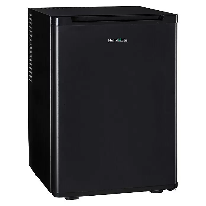 PKM Vollraumkühlschrank MC40E - Nutzinhalt Gesamt: 34 l, 42,5 x 40 x 56 cm, Schwarz - Schwarzer kompakter Mini-Kühlschrank mit HotelMate-Logo.