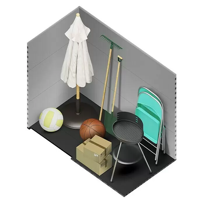 The Space Plus Gerätehaus Flat 1.4 - Außenmaß inkl. Dachüberstand (B x T): 152 x 91 cm, Kunststoff, Grundfläche: 1,36 m² - Verschiedene Freizeit-, Garten- und Haushaltsartikel wie Schirm, Bälle, Kartons, Grill, Rechen und Stühle in einer Einheit gelagert.