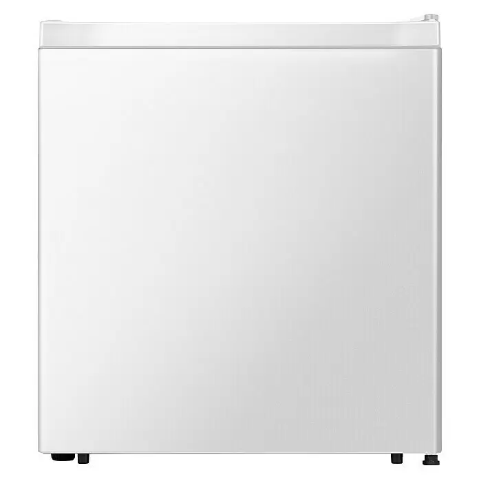 PKM Vollraumkühlschrank KS45 E - Nutzinhalt Gesamt: 45 l, 46,8 x 44,5 x 50 cm, Weiß - Weißer Kompakt-Minikühlschrank oder -Gefrierschrank, Vorderansicht, mit texturierter Oberfläche und kleinen schwarzen Füßen.