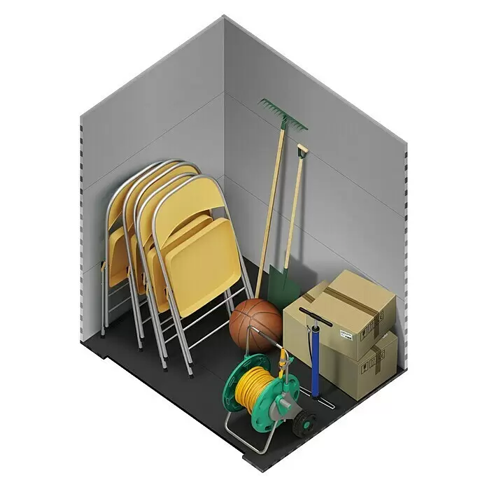 The Space Plus Gerätehaus One 1.36 - Außenmaß inkl. Dachüberstand (B x T): 134 x 103 cm, Kunststoff, Grundfläche: 1,37 m² - Verschiedene gelbe Klappstühle, Gartengeräte, Schlauchaufroller, Pumpe, Basketball und Kartons ordentlich verstaut.