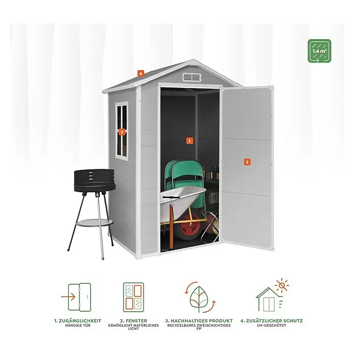 The Space Plus Gerätehaus One 1.36 - Außenmaß inkl. Dachüberstand (B x T): 134 x 103 cm, Kunststoff, Grundfläche: 1,37 m² - Grauer Geräteschuppen, 1,4 m², mit offener Tür, Fenster und UV-Schutz, zeigt Stauraum für Gartengeräte und einen Grill daneben.