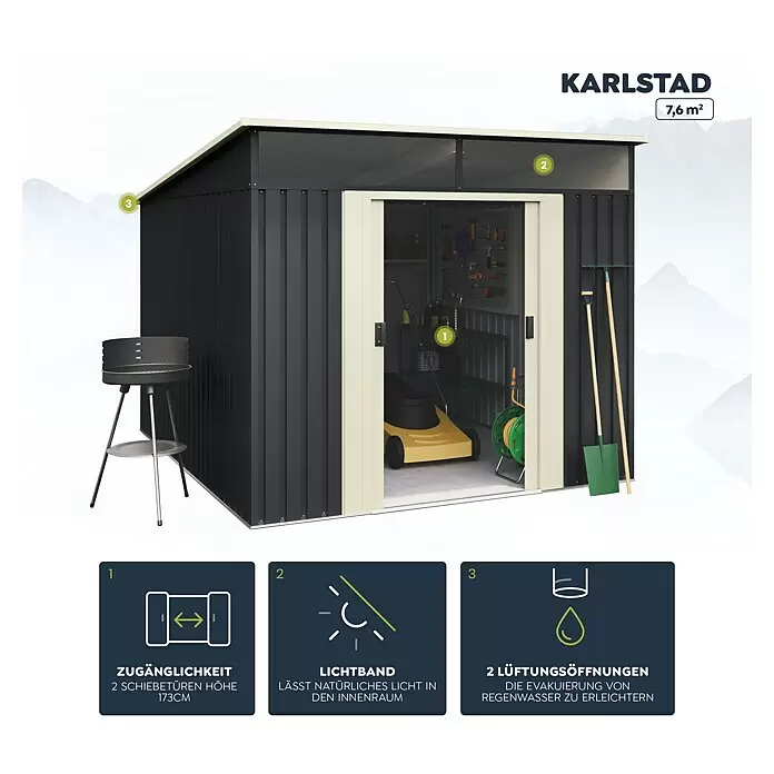 Hoggar Gerätehaus Karlstadt - Außenmaß inkl. Dachüberstand (B x T): 238 x 322 cm, Anthrazit, Stahl, Grundfläche: 7,6 m² - Dunkelgraues Metall-Gartenhaus mit cremefarbenen Schiebetüren, Lichtband und Lüftung. 7,6 m².