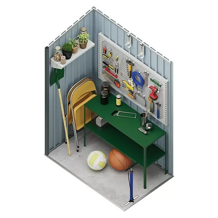 Hoggar Geräteschrank Hede - Außenmaß inkl. Dachüberstand (B x T): 162 x 86 cm, Anthrazit, Stahl, 1,39 m² - Organisiertes Schuppeninterieur mit hellgrauen Wänden, weißen Regalen, grüner Werkbank und Werkzeugwand.