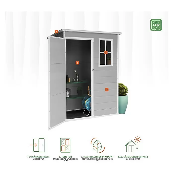 The Space Plus Gerätehaus Flat 1.4 - Außenmaß inkl. Dachüberstand (B x T): 152 x 91 cm, Kunststoff, Grundfläche: 1,36 m² - Grauer Gartenschrank mit offener Tür, der Innenregale und ein Fenster zeigt.