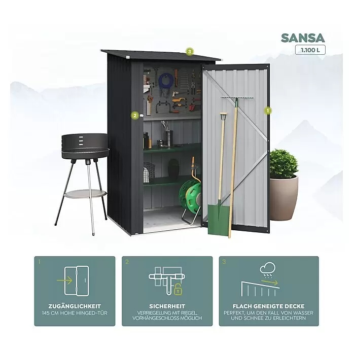 Hoggar Geräteschrank Sansa - Anthrazit - Dunkelgrauer Metall-Gartenschuppen mit offener Tür, der organisierte Werkzeuge und Regale im Inneren zeigt.