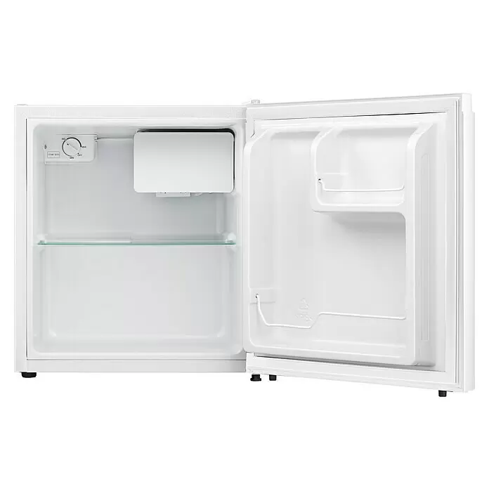 PKM Vollraumkühlschrank KS45 E - Nutzinhalt Gesamt: 45 l, 46,8 x 44,5 x 50 cm, Weiß - Offene weiße Minikühlschrank-Innenseite mit kleinem Gefrierfach, Glasablage und Türablagen.