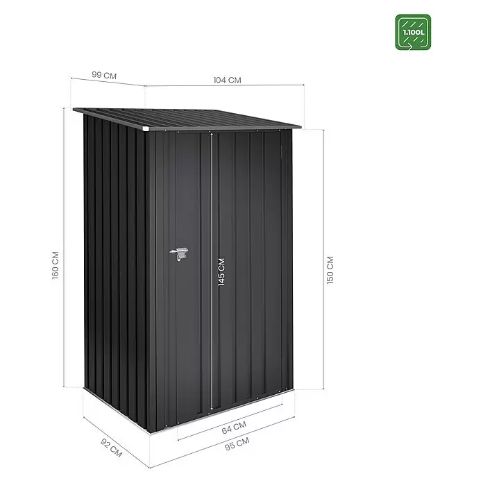 Hoggar Geräteschrank Sansa - Anthrazit - Dunkelgrauer Metall-Gartenschuppen mit schrägem Dach, 160 cm hoch, 104 cm breit, 95 cm tief, 1100 L Stauraum.
