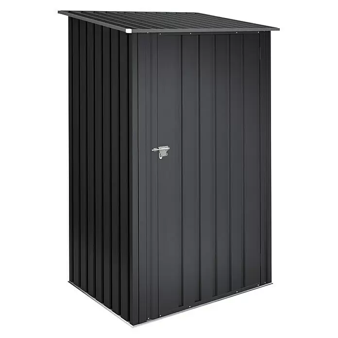 Hoggar Geräteschrank Sansa - Anthrazit - Dunkelgraues Metall-Gartenschuppen mit schrägem Dach und einem silbernen Riegel an der Tür, für die Lagerung im Freien.