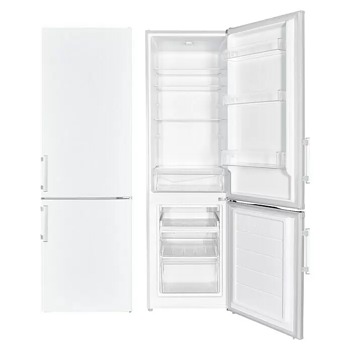 Wolkenstein Kühl-Gefrierkombination KGK280DW - Nutzinhalt Gesamt: 262 l, 56 x 55 x 180 cm, Weiß - Weißer zweitüriger Kühl-Gefrier-Kombination, beide Türen geöffnet, mit Einlegeböden und Schubladen im Inneren.