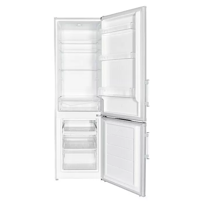Wolkenstein Kühl-Gefrierkombination KGK280DW - Nutzinhalt Gesamt: 262 l, 56 x 55 x 180 cm, Weiß - Geöffnete weiße Kühl-Gefrierkombination, zeigt leeres Inneres mit transparenten Ablagen und Gefrierschubladen.