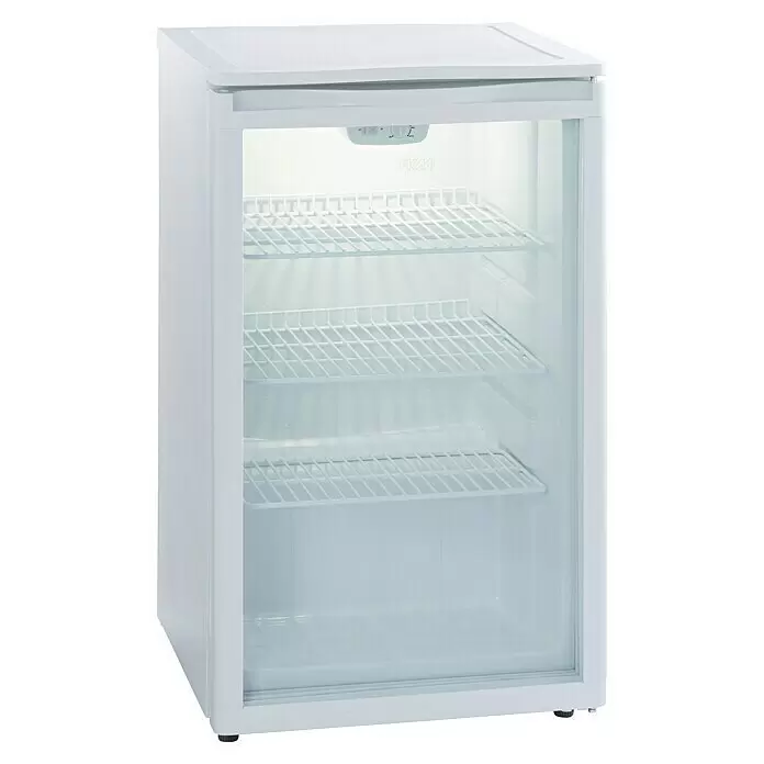PKM Getränkekühlschrank GKS102 - 54,5 x 50,5 x 85,5 cm, Weiß - Weißer Minikühlschrank mit Glastür, Innenbeleuchtung und drei verstellbaren Gitterrosten.