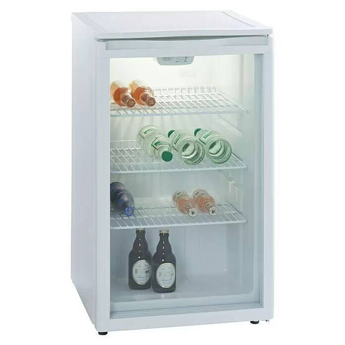 PKM Getränkekühlschrank GKS102 - 54,5 x 50,5 x 85,5 cm, Weiß - Weißer Minikühlschrank mit Glastür und Drahtregalen, gefüllt mit Getränkeflaschen.