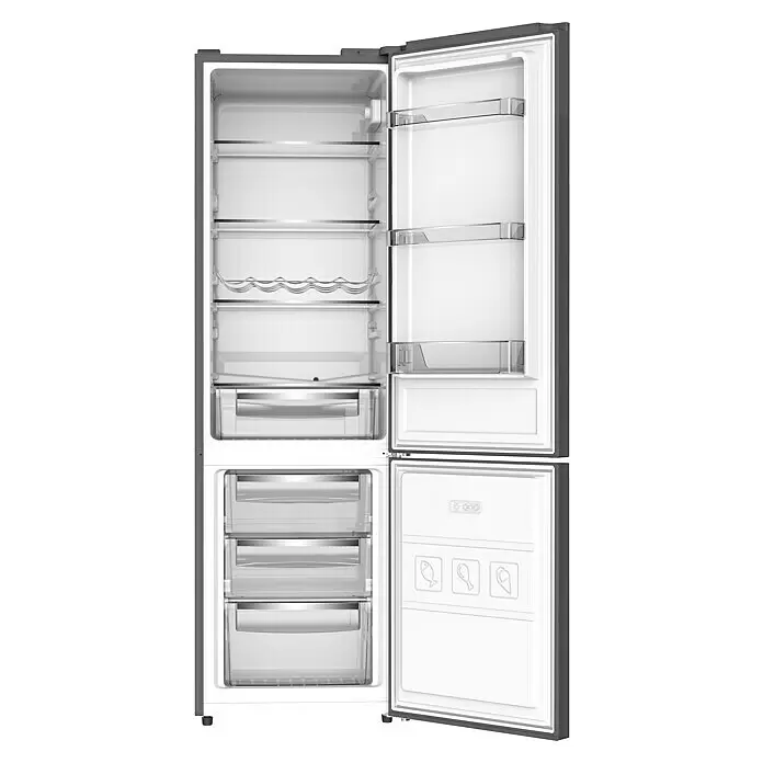 PKM Kühl-Gefrierkombination KG261EST - Nutzinhalt Gesamt: 263 l, 54 x 54 x 178 cm, Granitoptik - Offener grauer Kühl-Gefrierschrank, zeigt weißes Inneres, transparente Glasböden und Frischhalteschubladen.