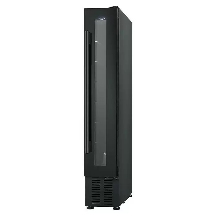 PKM Weinkühlschrank UWTS20-7G - Einbaugerät, L x B x H: 52,5 x 15 x 87 cm, Schwarz - Hoher schwarzer Getränkekühler mit Glastür, digitaler Anzeige "10", langem Metallgriff, Innenregalen und belüftetem Sockel.