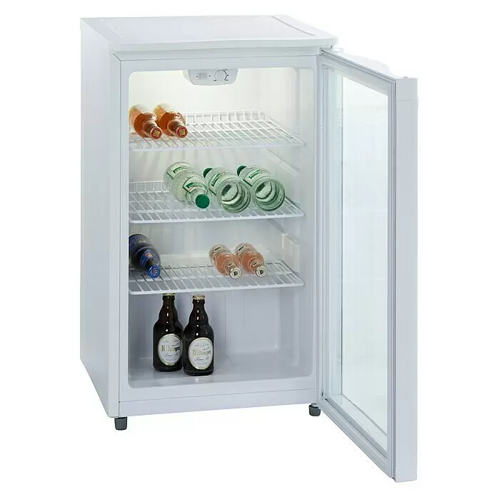PKM Getränkekühlschrank GKS102 - 54,5 x 50,5 x 85,5 cm, Weiß - Weißer Minikühlschrank mit offener Glastür, Flaschen auf Gitterregalen im Inneren.