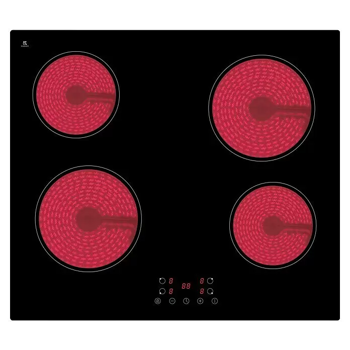 Flex-Well Cara Winkelküche - L x B: 170 x 280 cm, Schilfgrün Antifingerprint / Artisan Eiche, Mit Elektrogeräten, Fibonitspüle - Schwarzes Cerankochfeld mit vier runden roten Heizzonen, beleuchteten Touch-Bedienelementen mit roten Digitalanzeigen und Kanger-Logo.