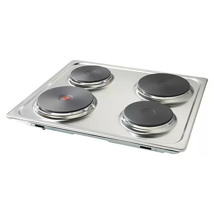 PKM Einbauherd-Set BIC3 I-KP-IX-2/2 - Anzahl Beheizungsarten: 3 Stk., Edelstahl / Schwarz, Material Kochfeld: Edelstahl/Guss - Ein silbernes Edelstahl-Kochfeld mit vier schwarzen Elektrokochplatten.