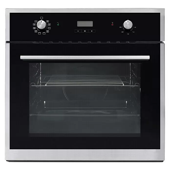 PKM Einbaubackofen EBO9.4 - Anzahl Beheizungsarten: 9 Stk., Volumen Backofen: 56 l, Schwarz/Edelstahl - Eingebauter Elektroherd mit schwarzer Glastür, Edelstahlverkleidung, Bedienfeld und Innenrost.