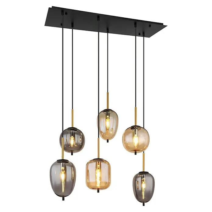 Globo Pendelleuchte Blacky - 40 W, L x B x H: 80 x 34 x 120 cm, E27 - Mehrflammige Pendelleuchte mit sechs dekorativen Glaslampen. Die Leuchte ist ein echter Hingucker in jedem Raum.