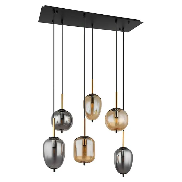 Globo Pendelleuchte Blacky - 40 W, L x B x H: 80 x 34 x 120 cm, E27 - Moderne Pendelleuchte mit sechs Leuchten in Gold und Silber. Das elegante Design ist ideal für Esszimmer oder Wohnzimmer.