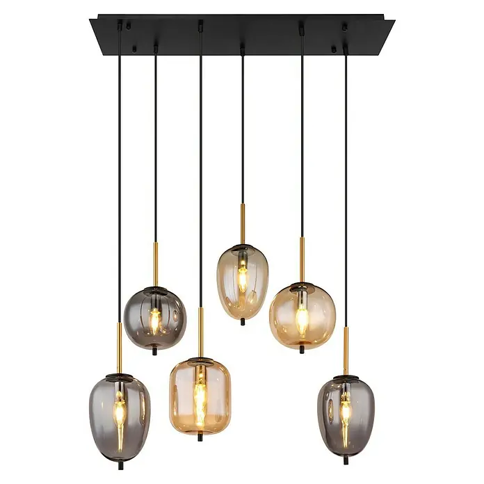 Globo Pendelleuchte Blacky - 40 W, L x B x H: 80 x 34 x 120 cm, E27 - Moderne Pendelleuchte mit sechs rauchfarbenen Glasschirmen und goldenen Akzenten, die ein warmes, einladendes Licht verbreitet.