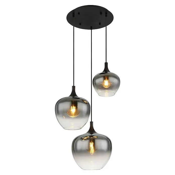 Globo Pendelleuchte Maxy - 40 W, Ø x H: 48 x 120 cm, 3-Strahlig, E27 - Diese moderne Pendelleuchte verfügt über drei rauchfarbene Glasschirme und eine schwarze Aufhängung, die jedem Raum einen Hauch von Eleganz verleiht.