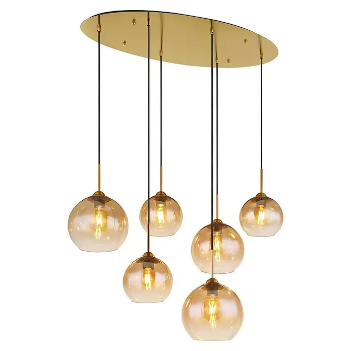Globo Pendelleuchte Jamessa - 60 W, L x B x H: 975 x 400 x 1.500 mm, Bernsteingelb, E27 - Moderne Hängeleuchte mit sechs bernsteinfarbenen Glaskugeln und goldfarbener Aufhängung für stimmungsvolle Beleuchtung.
