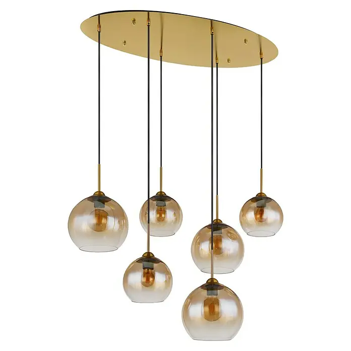 Globo Pendelleuchte Jamessa - 60 W, L x B x H: 975 x 400 x 1.500 mm, Bernsteingelb, E27 - Elegante Pendelleuchte mit sechs bernsteinfarbenen Glasschirmen und goldfarbener Aufhängung, die jedem Raum einen Hauch von Glamour verleiht.