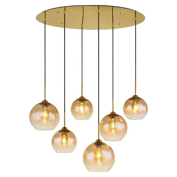 Globo Pendelleuchte Jamessa - 60 W, L x B x H: 975 x 400 x 1.500 mm, Bernsteingelb, E27 - Diese Pendelleuchte verfügt über sechs bernsteinfarbene Glaskugeln, die von einer goldenen Deckenhalterung herabhängen. Ein stilvolles Beleuchtungselement.