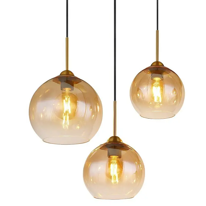 Globo Pendelleuchte Jamessa - 60 W, L x B x H: 975 x 400 x 1.500 mm, Bernsteingelb, E27 - Elegante Pendelleuchten mit goldenen Akzenten und bernsteinfarbenen Glaskugeln. Stilvolle Beleuchtung für modernes Wohnen.