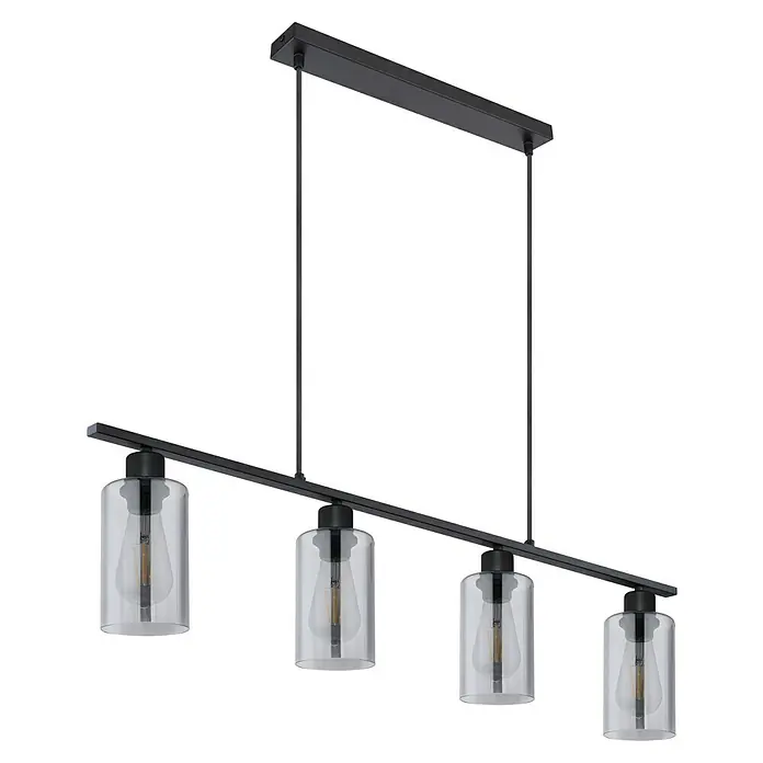 Globo Pendelleuchte Hadera - 60 W, L x B x H: 98 x 10 x 120 cm, E27 - Eine moderne, schwarze Hängeleuchte mit vier Glaslampenschirmen, die ein elegantes Ambiente erzeugt. Perfekt für Esszimmer.